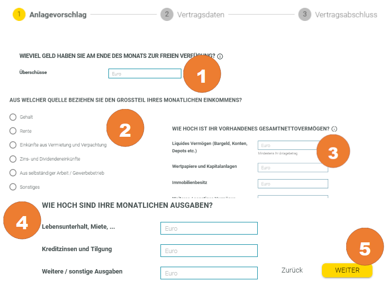 Befüllen Sie die Angaben zu Ihren monatlichen Überschüssen (1), kreuzen Sie Ihre Haupteinnahmequelle an (2), und geben Sie Ihr Gesamtnettovermögen (3) sowie Ihre monatlichen Ausgaben (4) an. Klicken Sie auf "Weiter" (5)