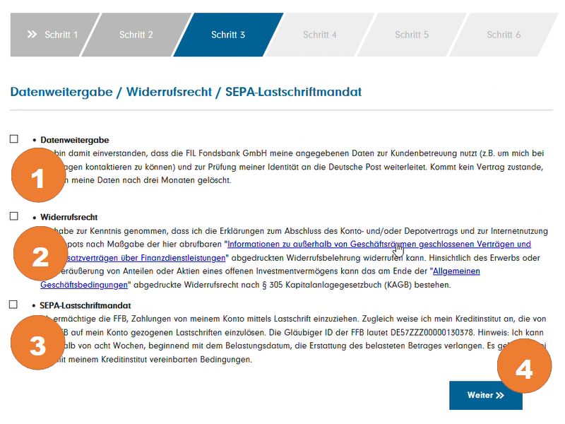 Bestätigen Sie die Datenweitergabe (1), das Widerrufsrecht (2) und das SEPA Lastschriftmandat (3). Klicken Sie auf "Weiter" (2)